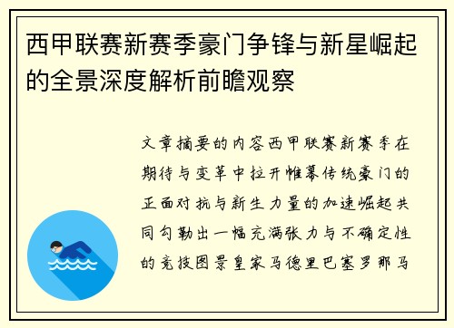 西甲联赛新赛季豪门争锋与新星崛起的全景深度解析前瞻观察