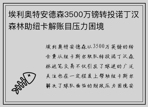 埃利奥特安德森3500万镑转投诺丁汉森林助纽卡解账目压力困境